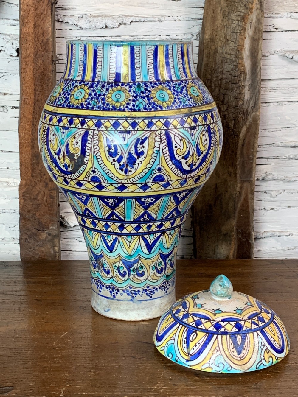 Antique Moroccan Fez pottery preserve jar and cover View IV