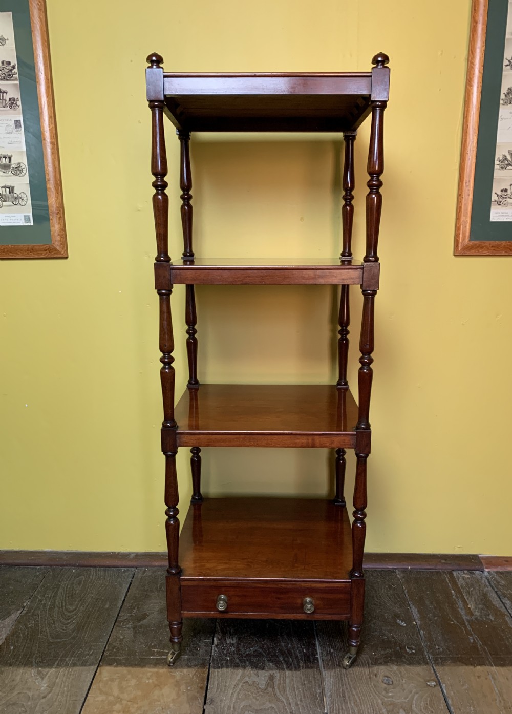 Late Regency mahogany four tier whatnot with drawer base