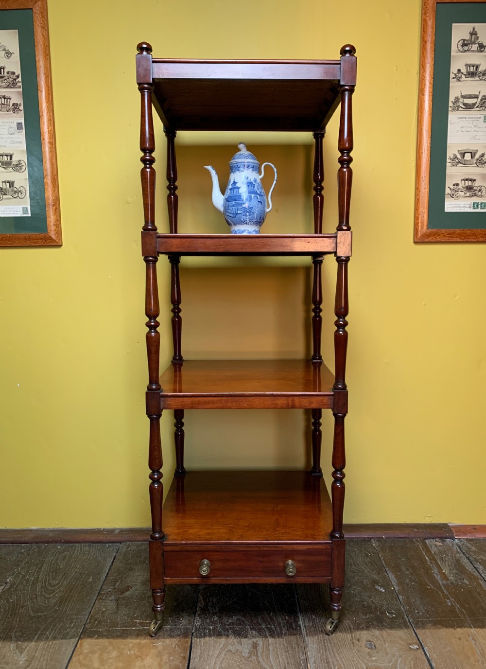 Late Regency mahogany four tier whatnot with drawer base View II