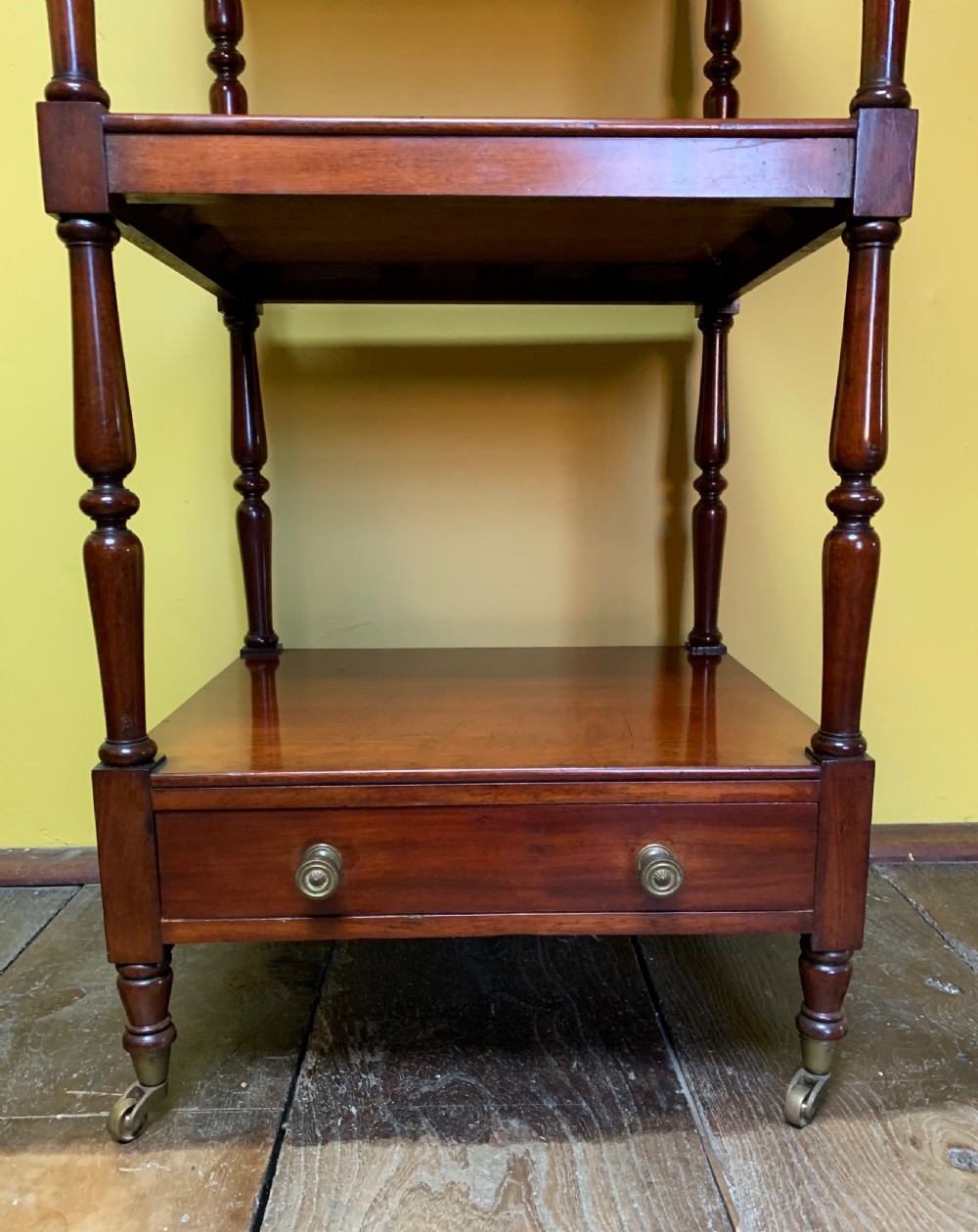 Late Regency mahogany four tier whatnot with drawer base View III