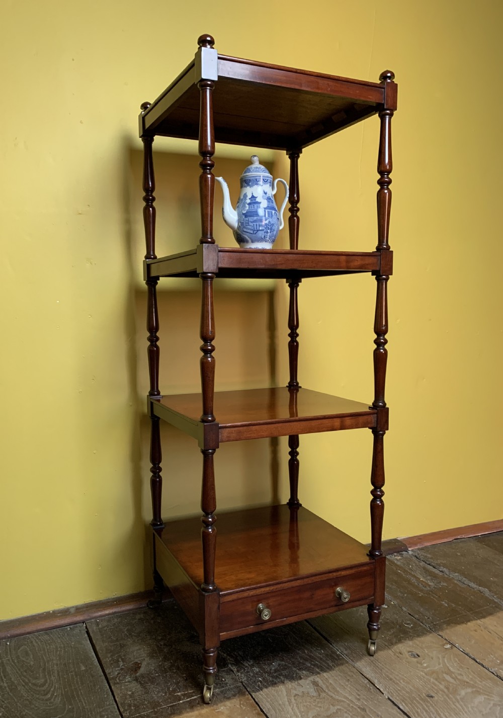 Late Regency mahogany four tier whatnot with drawer base View V