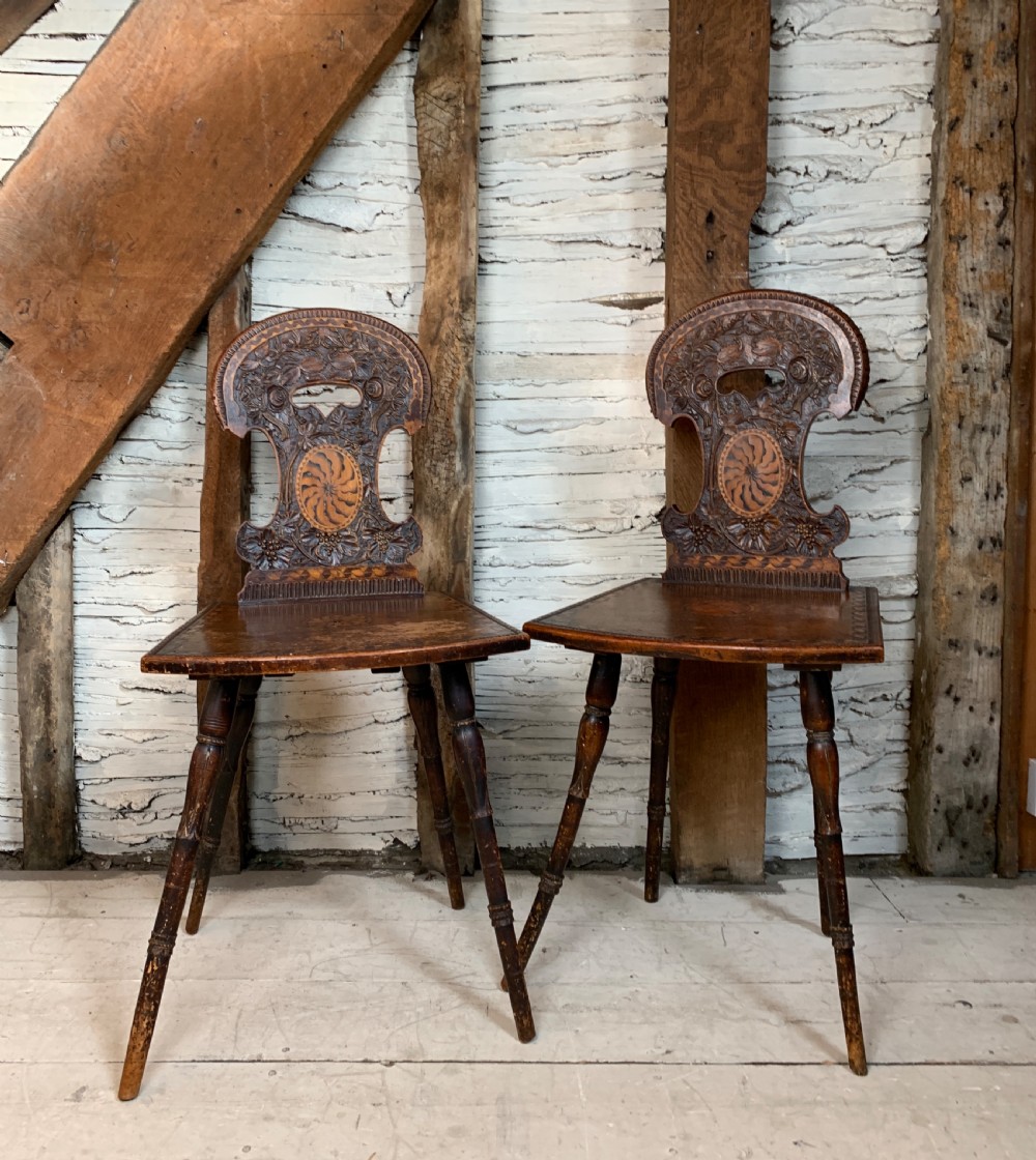 Pair of Swiss Alpine Stabellen chairs circa 1800 View II