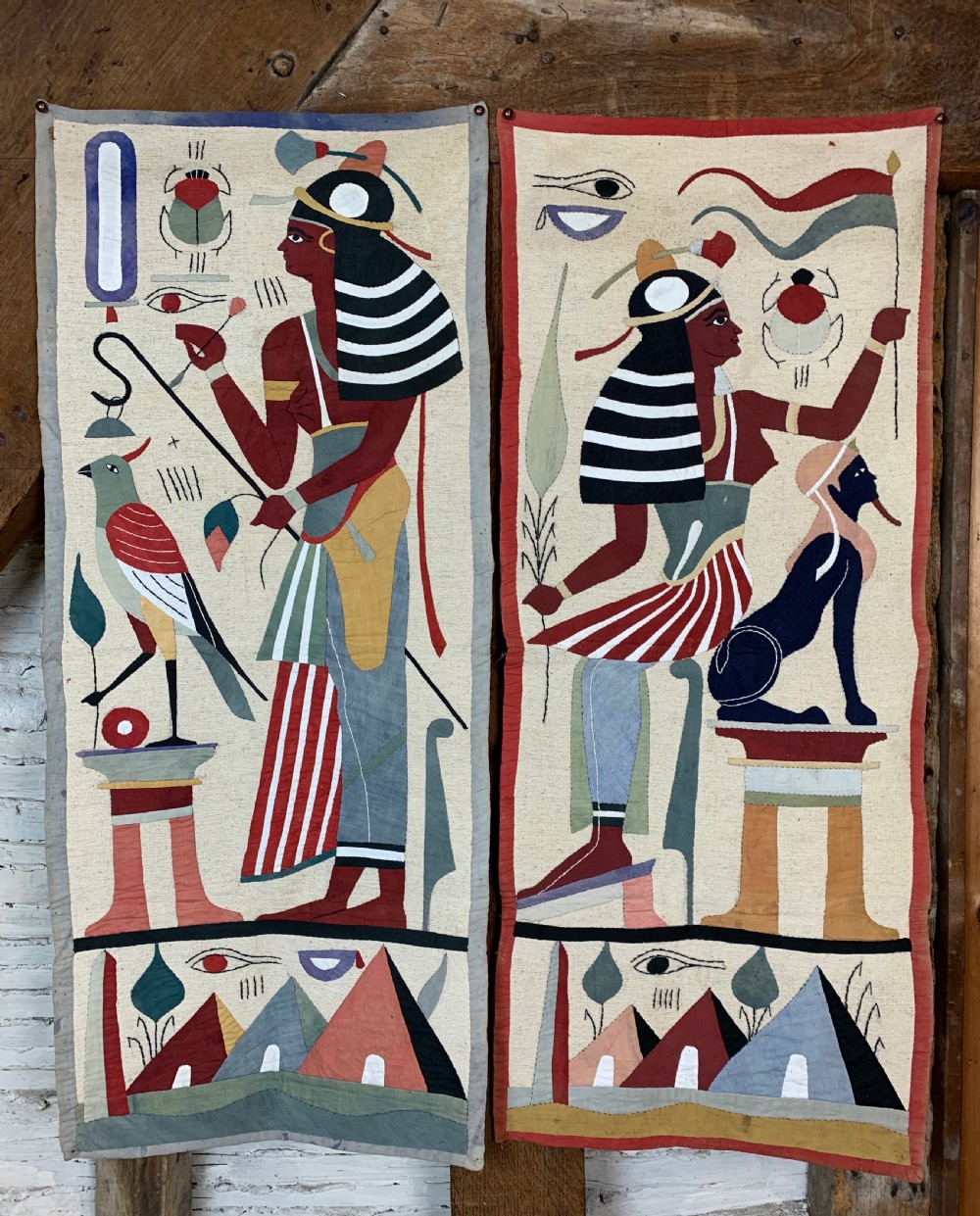 Pair of Egyptian appliqué work tapestry wall hangings View II