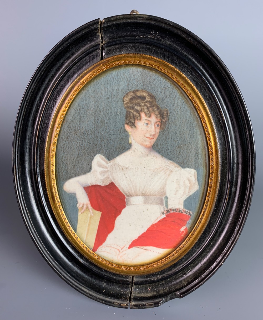 Regency watercolour portrait miniature of a lady in a red shawl