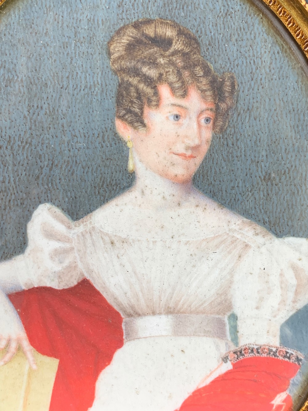 Regency watercolour portrait miniature of a lady in a red shawl View II