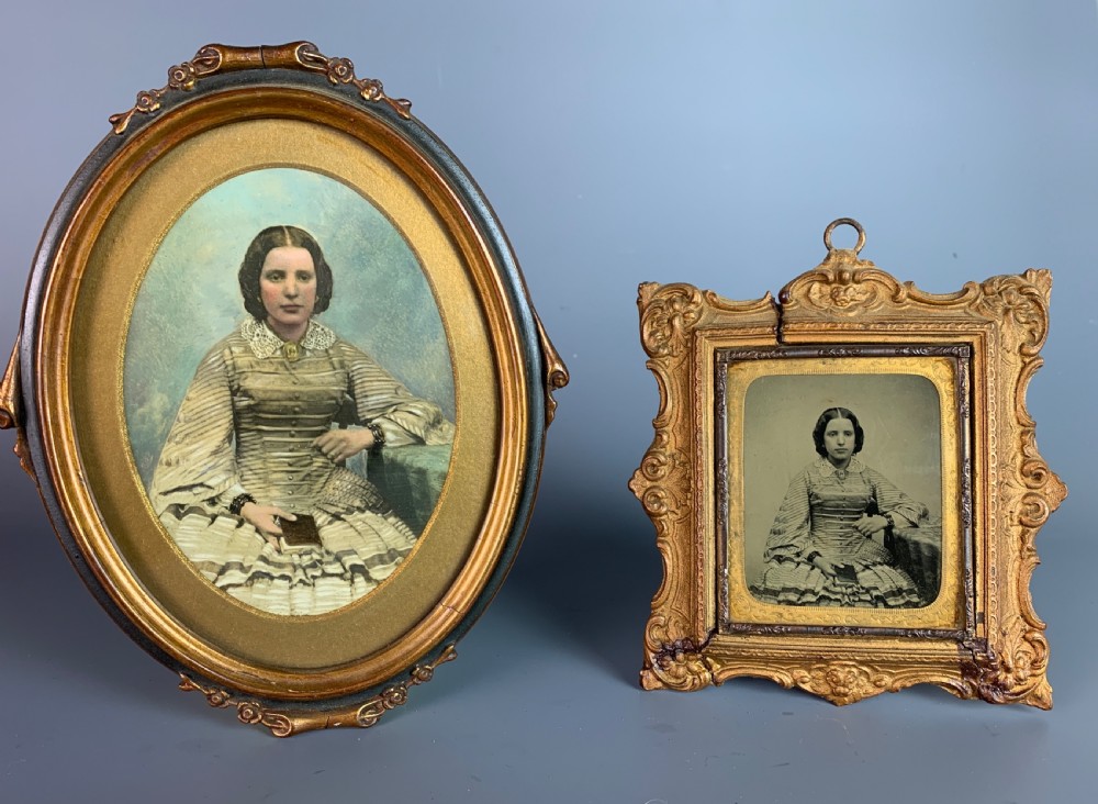 Victorian ambrotype of a young woman together with a hand-touched photograph of the same image