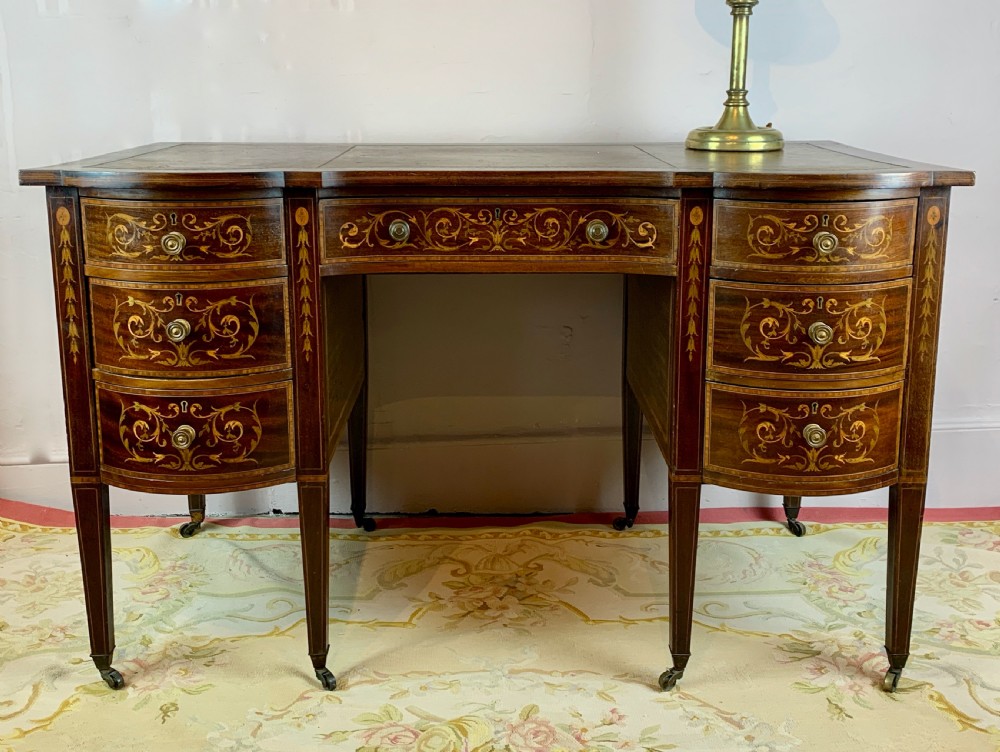 Edwardian inlaid mahogany twin pedestal desk