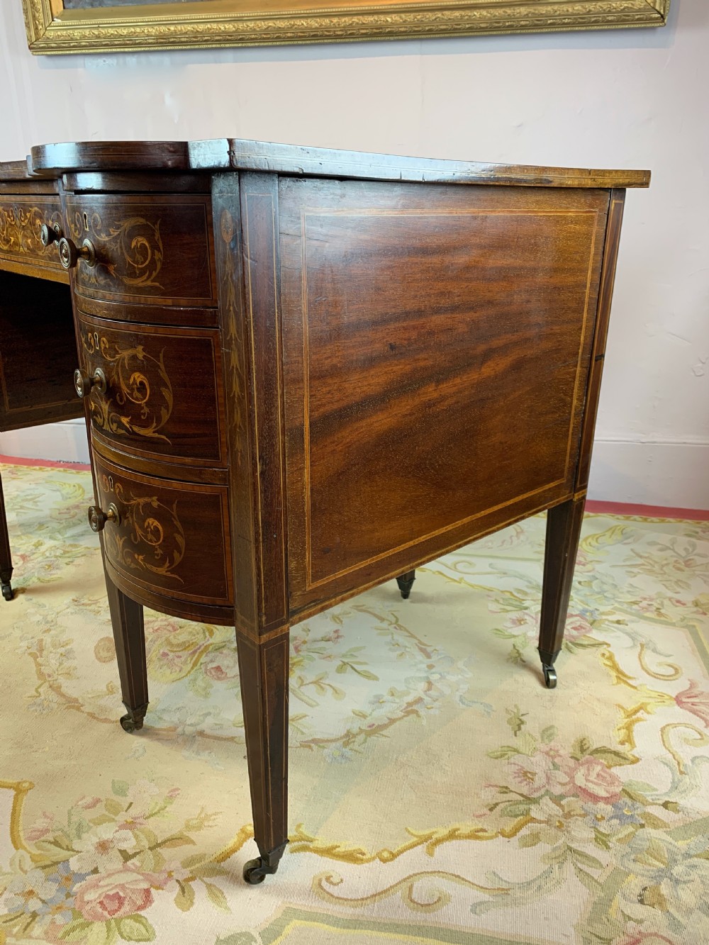 Edwardian inlaid mahogany twin pedestal desk View VI