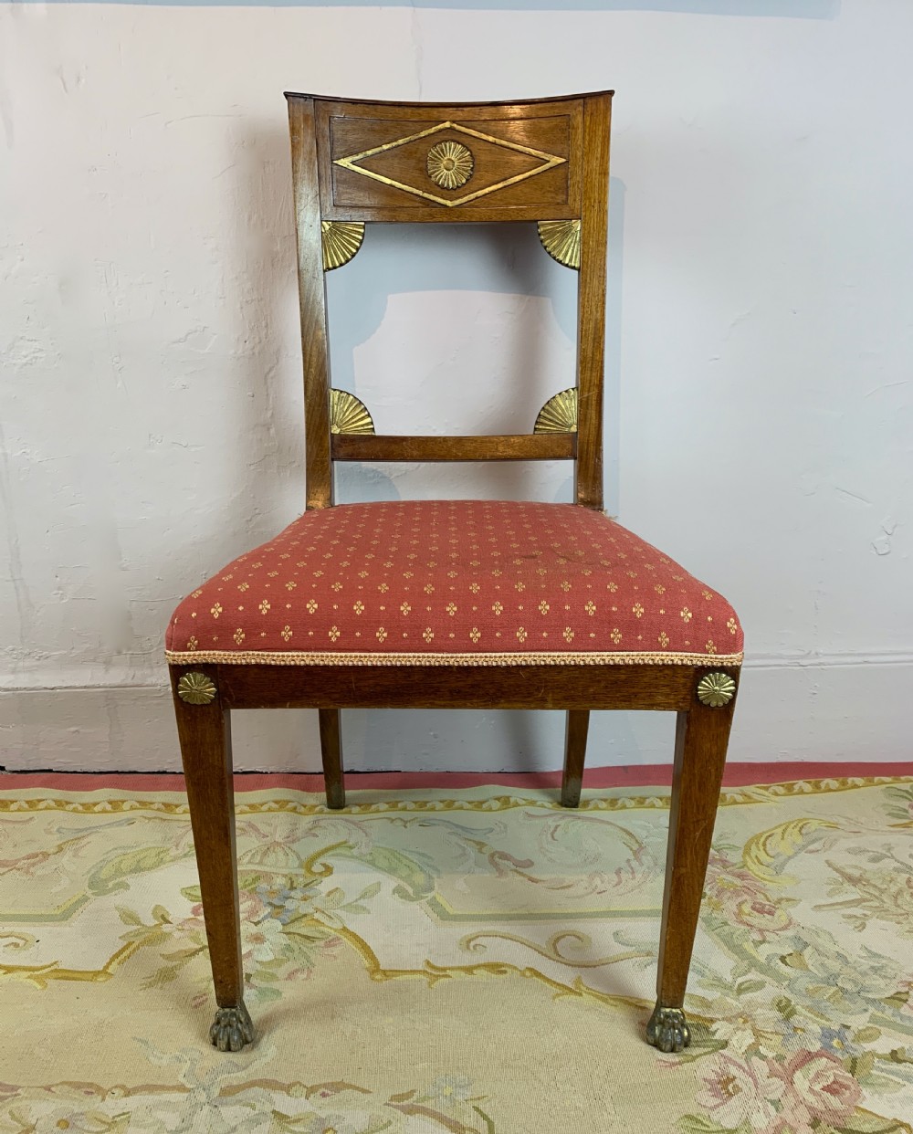 Set of six Biedermeier dining chairs with gilt paw feet View V