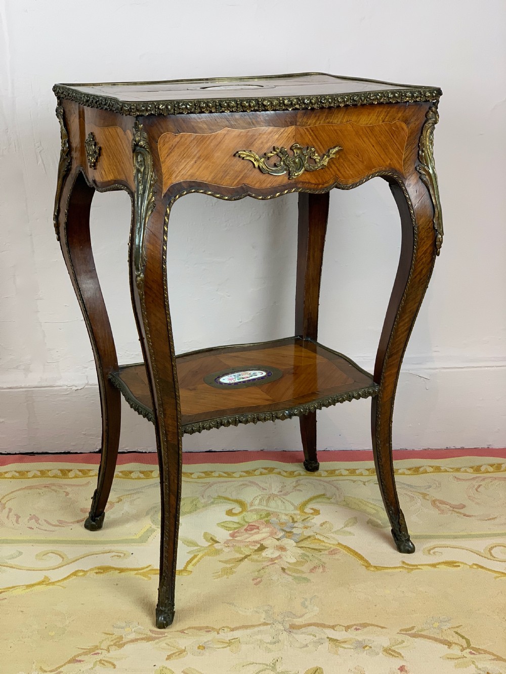 French ormolu mounted kingwood parquetry gueridon side table