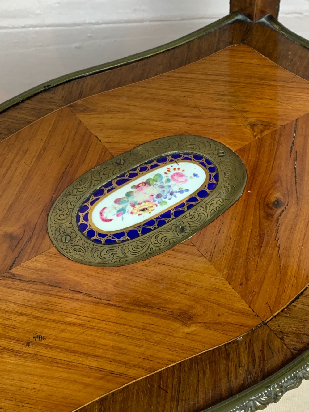 French ormolu mounted kingwood parquetry gueridon side table View V