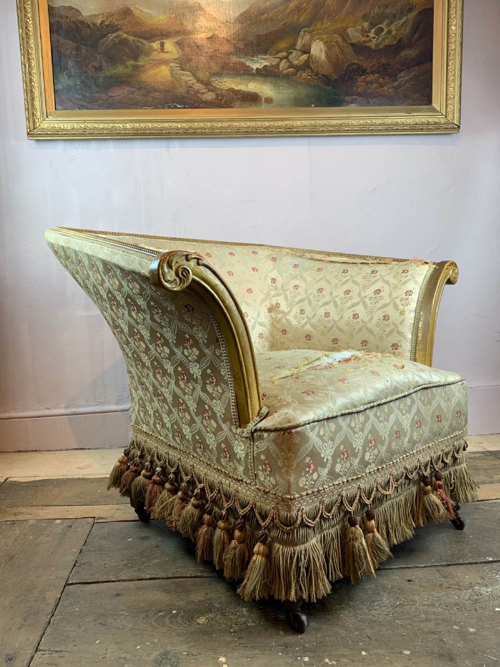 Unusual Antique scroll arm armchair in original paint View II