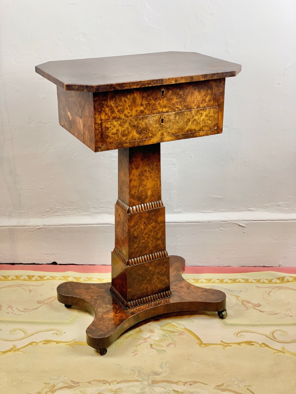 William IV burr elm pedestal work table with frieze drawer and platform base View III