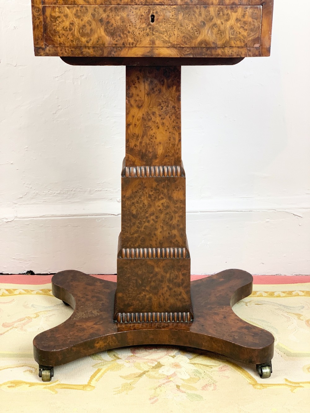 William IV burr elm pedestal work table with frieze drawer and platform base View VII