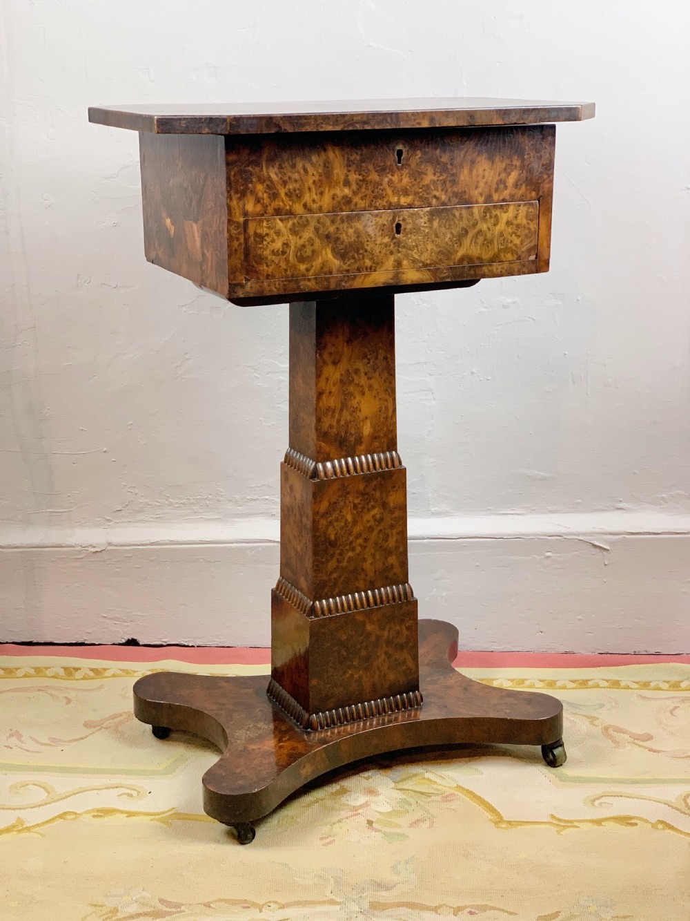 William IV burr elm pedestal work table with frieze drawer and platform base View XI