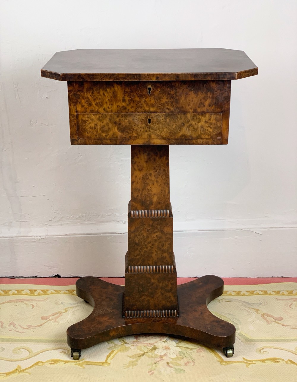William IV burr elm pedestal work table with frieze drawer and platform base View XIII