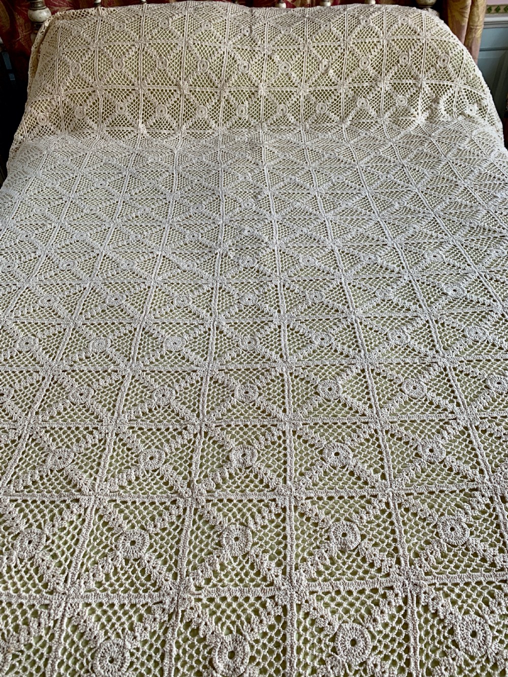 Vintage French cream crochet work bed cover View III