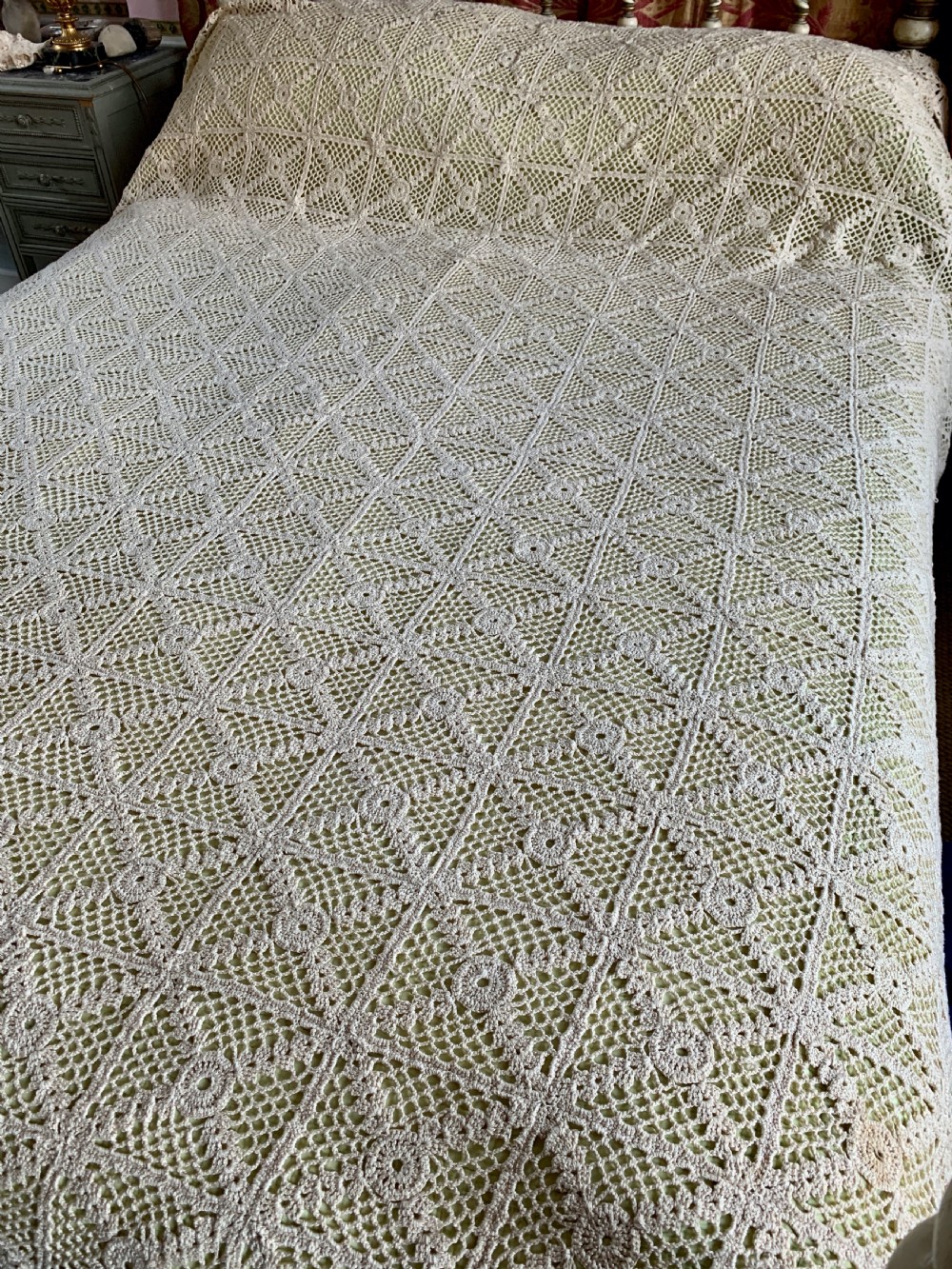 Vintage French cream crochet work bed cover View V