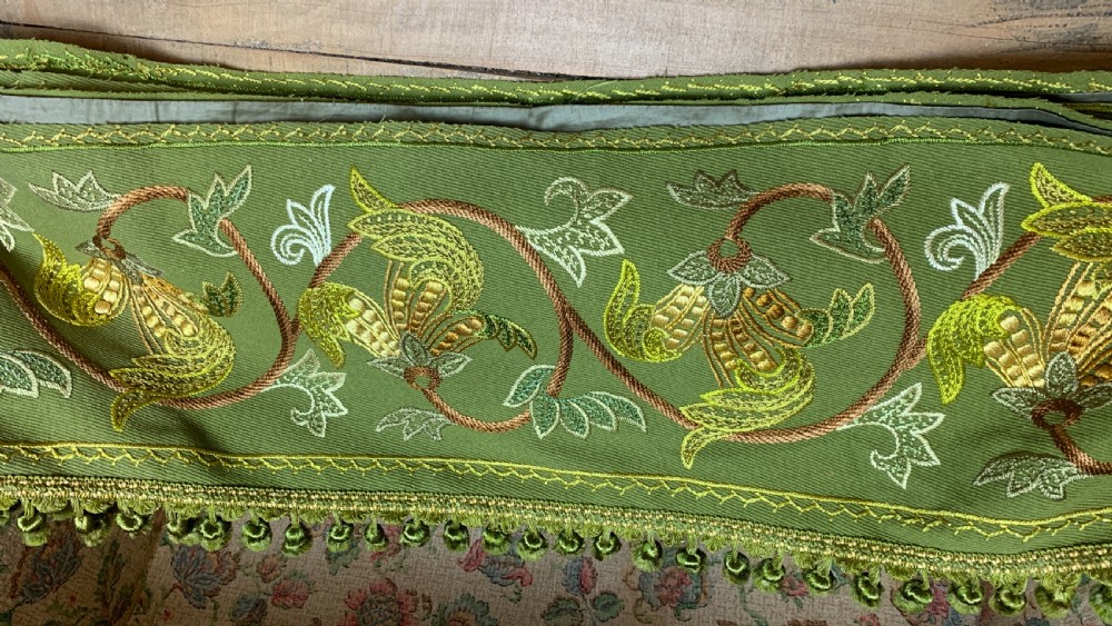 Victorian hand embroidered green wool fringed pelmet, 4m long View II