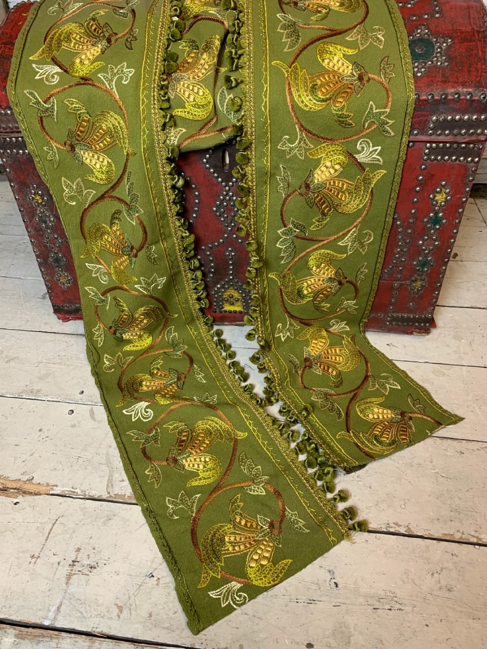 Victorian hand embroidered green wool fringed pelmet, 4m long