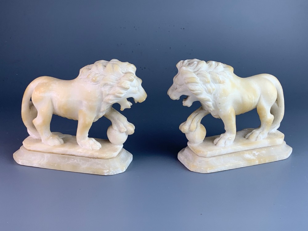 Pair of Grand Tour carved alabaster Medici lions View II