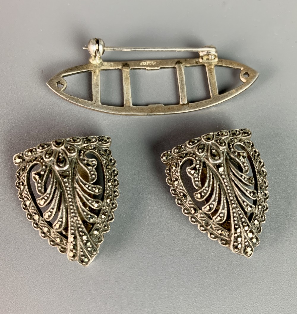 Art Deco Silver & Marcasite Duette Double Clip View II