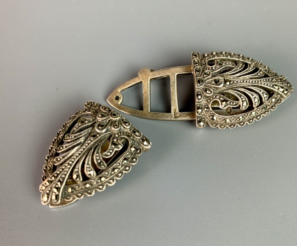 Art Deco Silver & Marcasite Duette Double Clip View IV