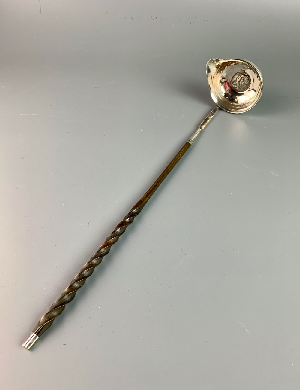 Georgian silver toddy ladle with coin bowl and twisted baleen handle View II