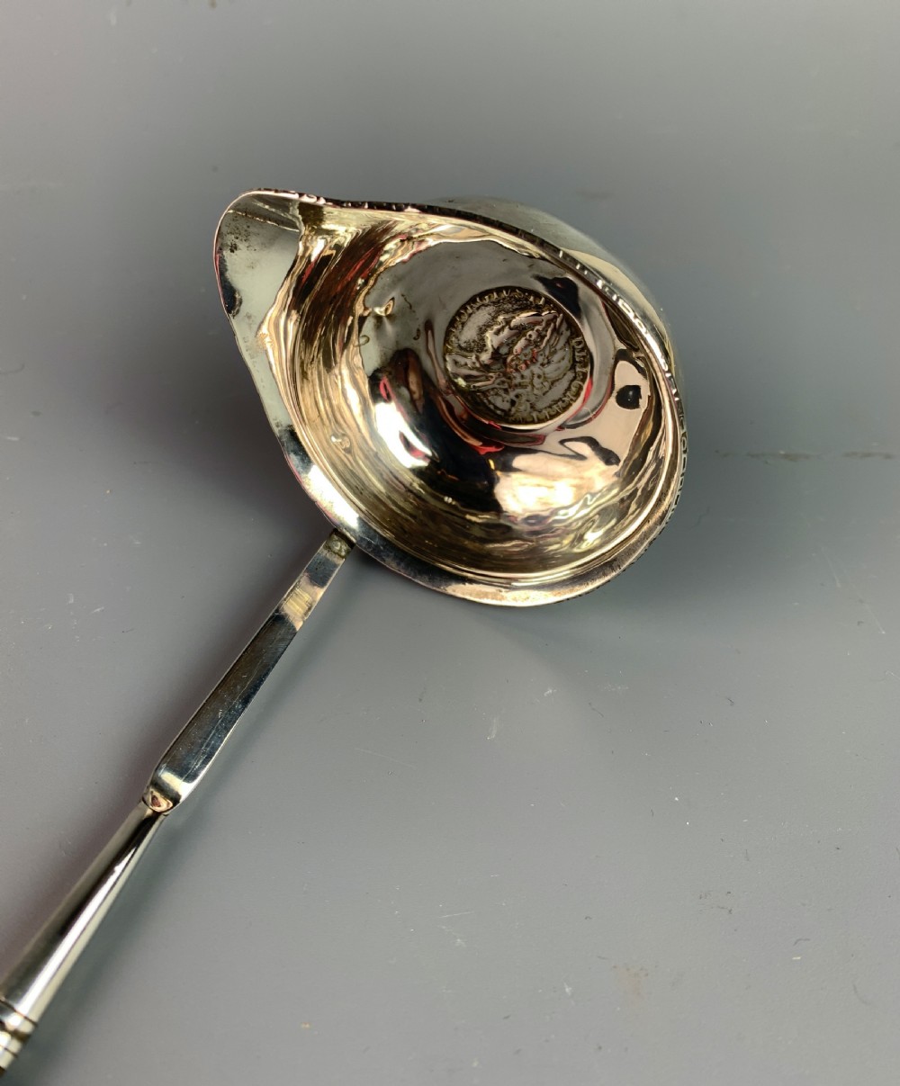 Georgian silver toddy ladle with coin bowl and twisted baleen handle View III