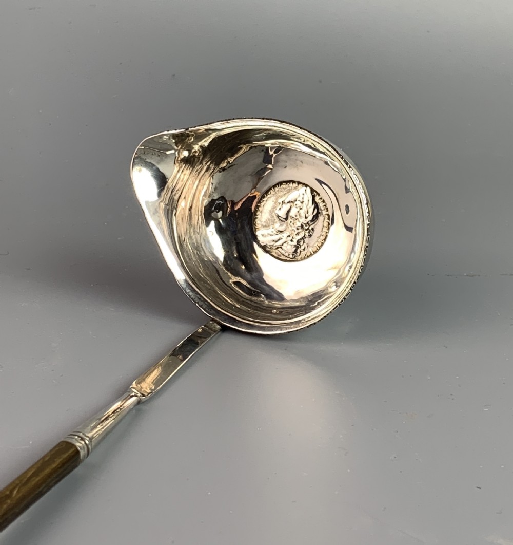 Georgian silver toddy ladle with coin bowl and twisted baleen handle View V