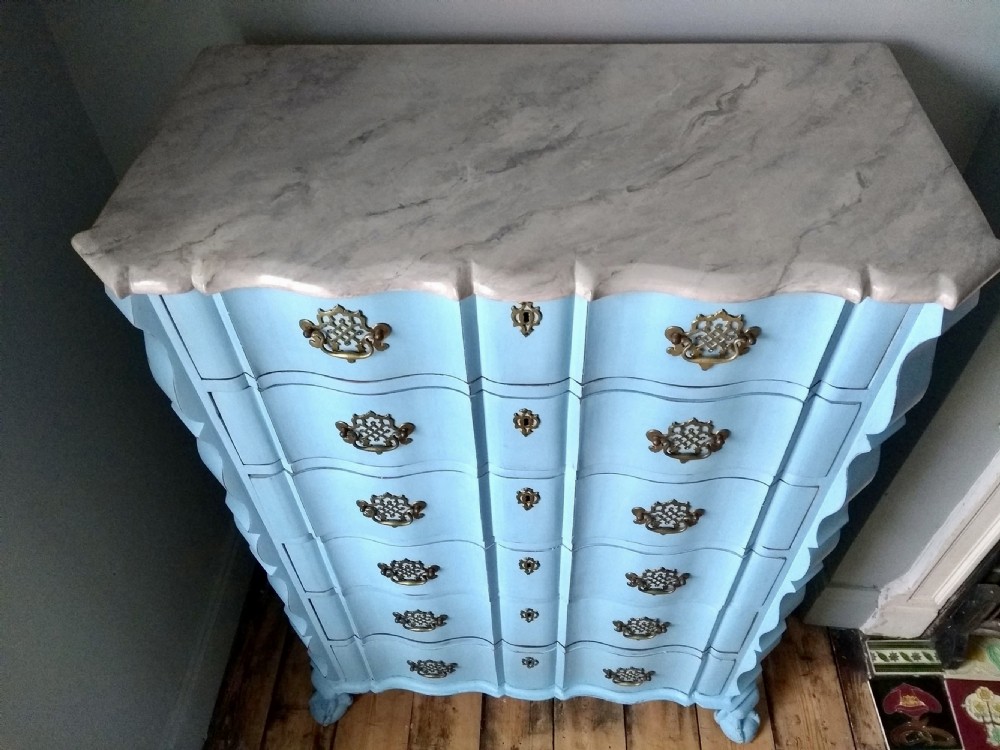Italian painted serpentine chest of drawers with faux marble top View IX