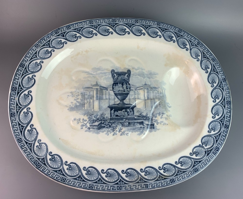 Large antique blue & white pottery meat plate with gravy well