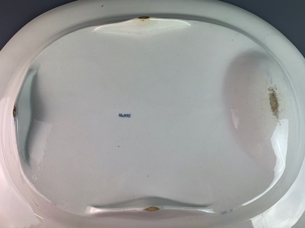 Large antique blue & white pottery meat plate with gravy well View II