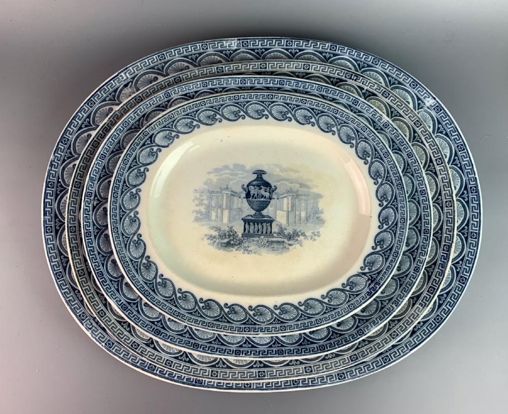 Graduated set of four antique blue & white pottery meat plates