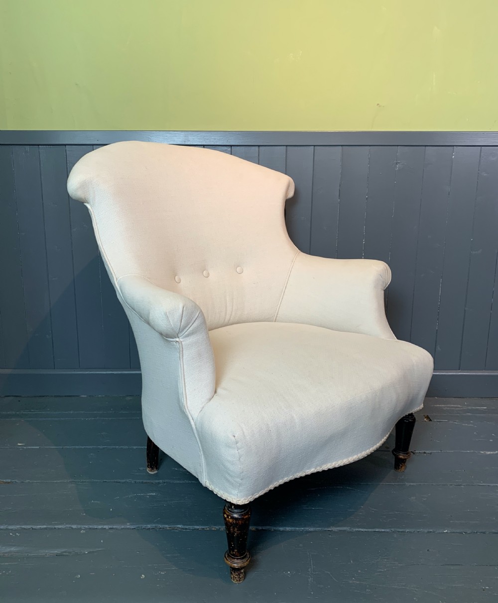 French Napoleon III toad back armchair in cream linen View IV