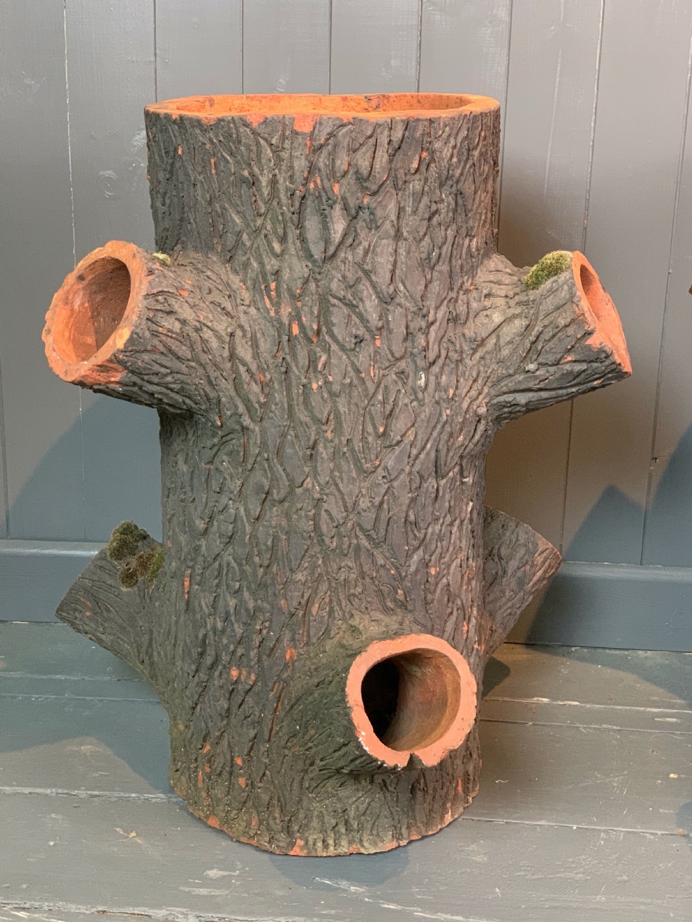 Pair of terracotta faux bois tree trunk strawberry planters View II