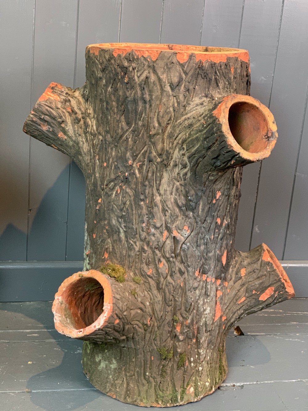 Pair of terracotta faux bois tree trunk strawberry planters View III