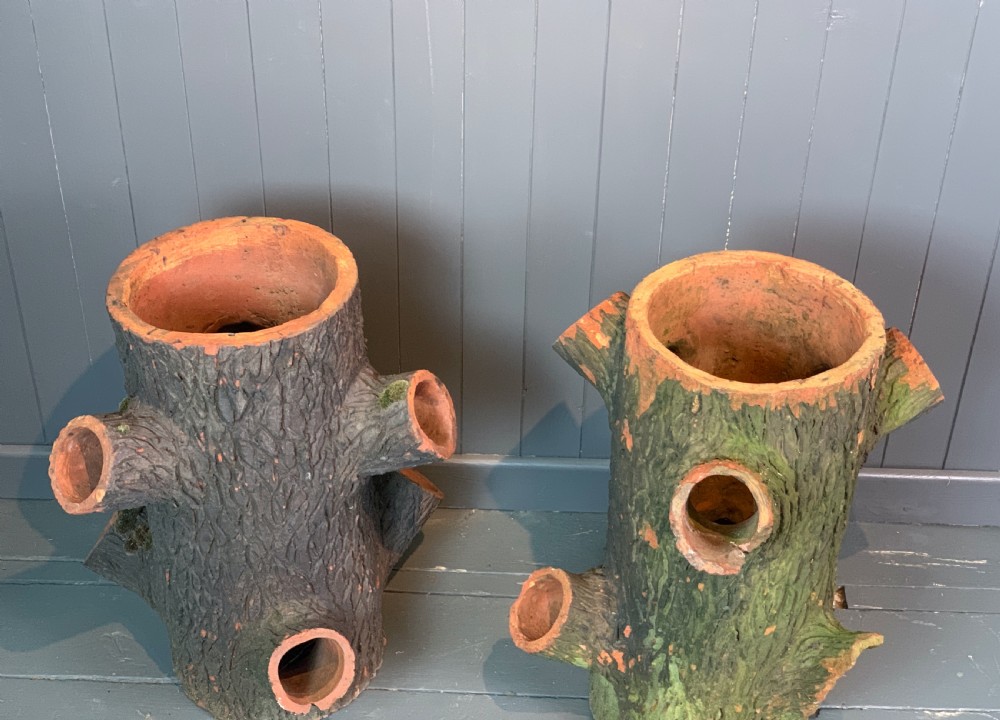 Pair of terracotta faux bois tree trunk strawberry planters View VII