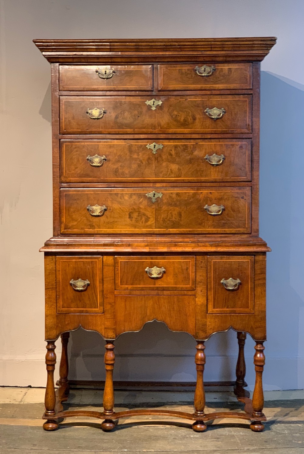 William & Mary burr walnut chest on stand