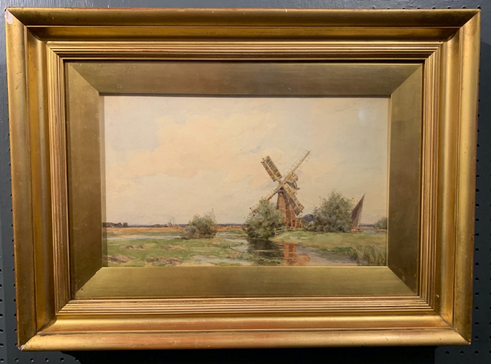 Wilfrid Williams Ball watercolour of a the Norfolk Broads with windmill and cattle