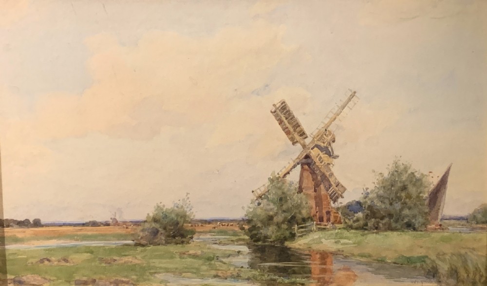 Wilfrid Williams Ball watercolour of a the Norfolk Broads with windmill and cattle View II