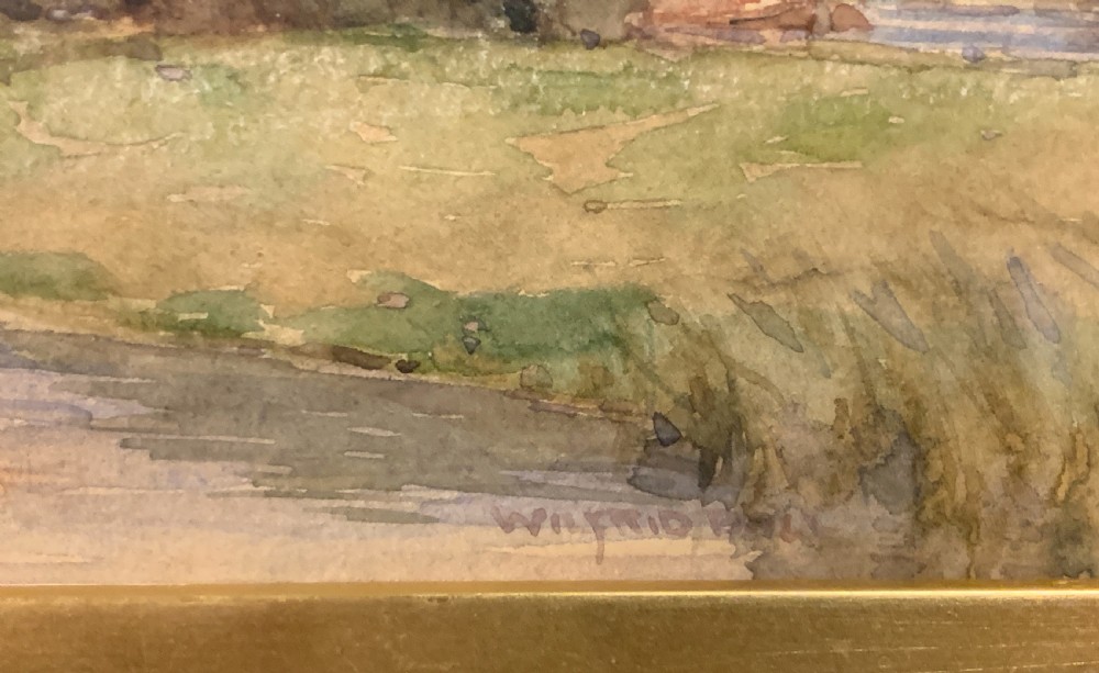 Wilfrid Williams Ball watercolour of a the Norfolk Broads with windmill and cattle View III
