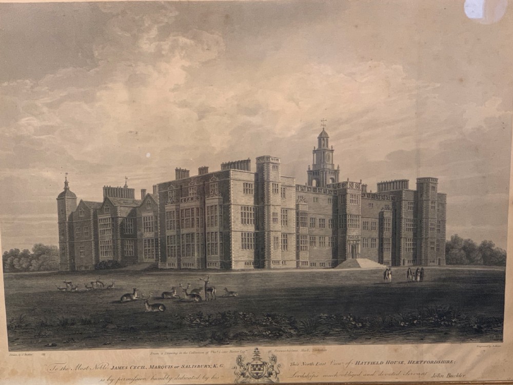 Engraving of Hatfield House, Hertfordshire by R. Reeve after J. Buckler, 1815 View II