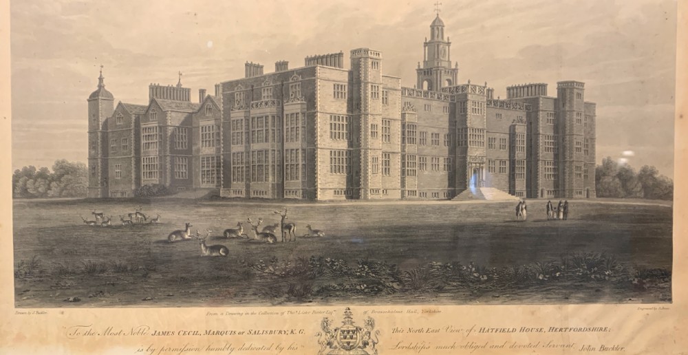Engraving of Hatfield House, Hertfordshire by R. Reeve after J. Buckler, 1815 View III