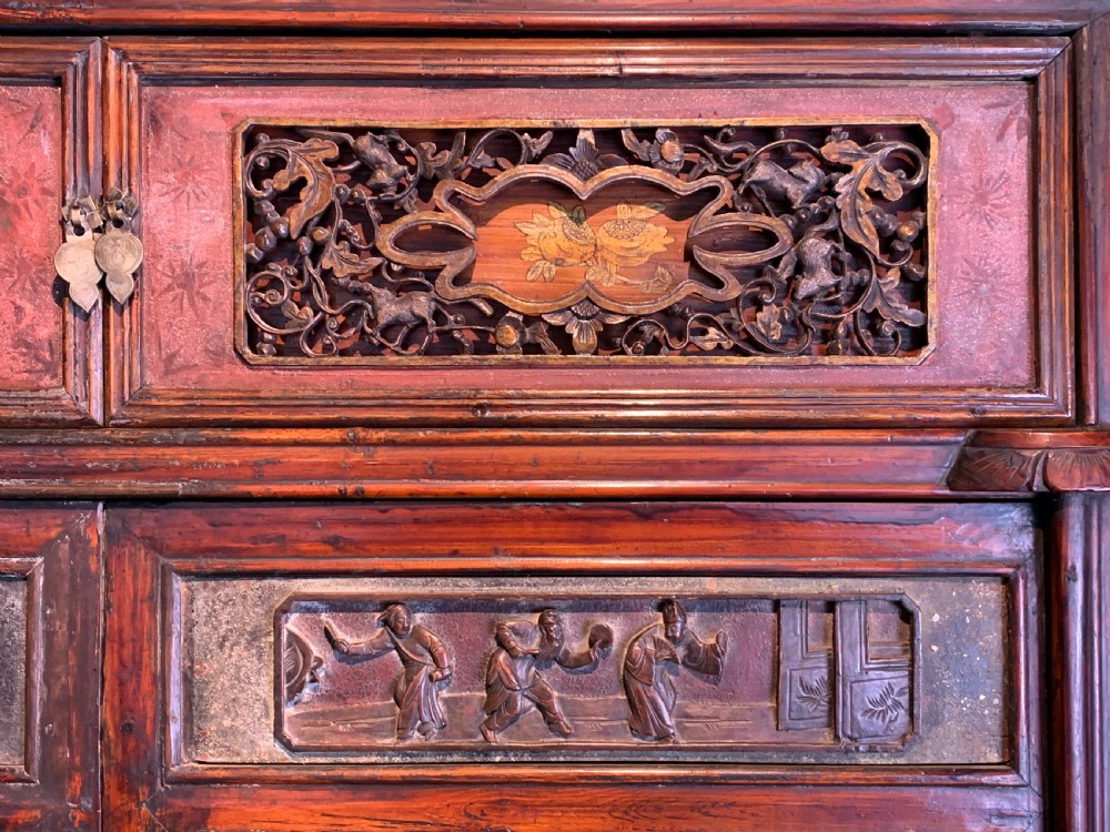 Antique Chinese lacquered and painted marriage wedding cabinet View III