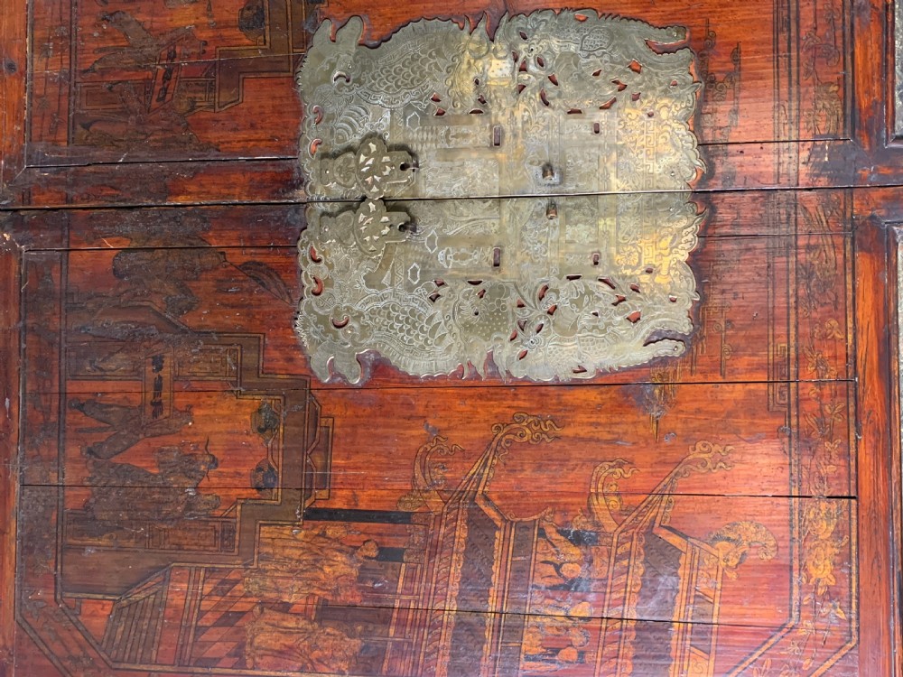 Antique Chinese lacquered and painted marriage wedding cabinet View V
