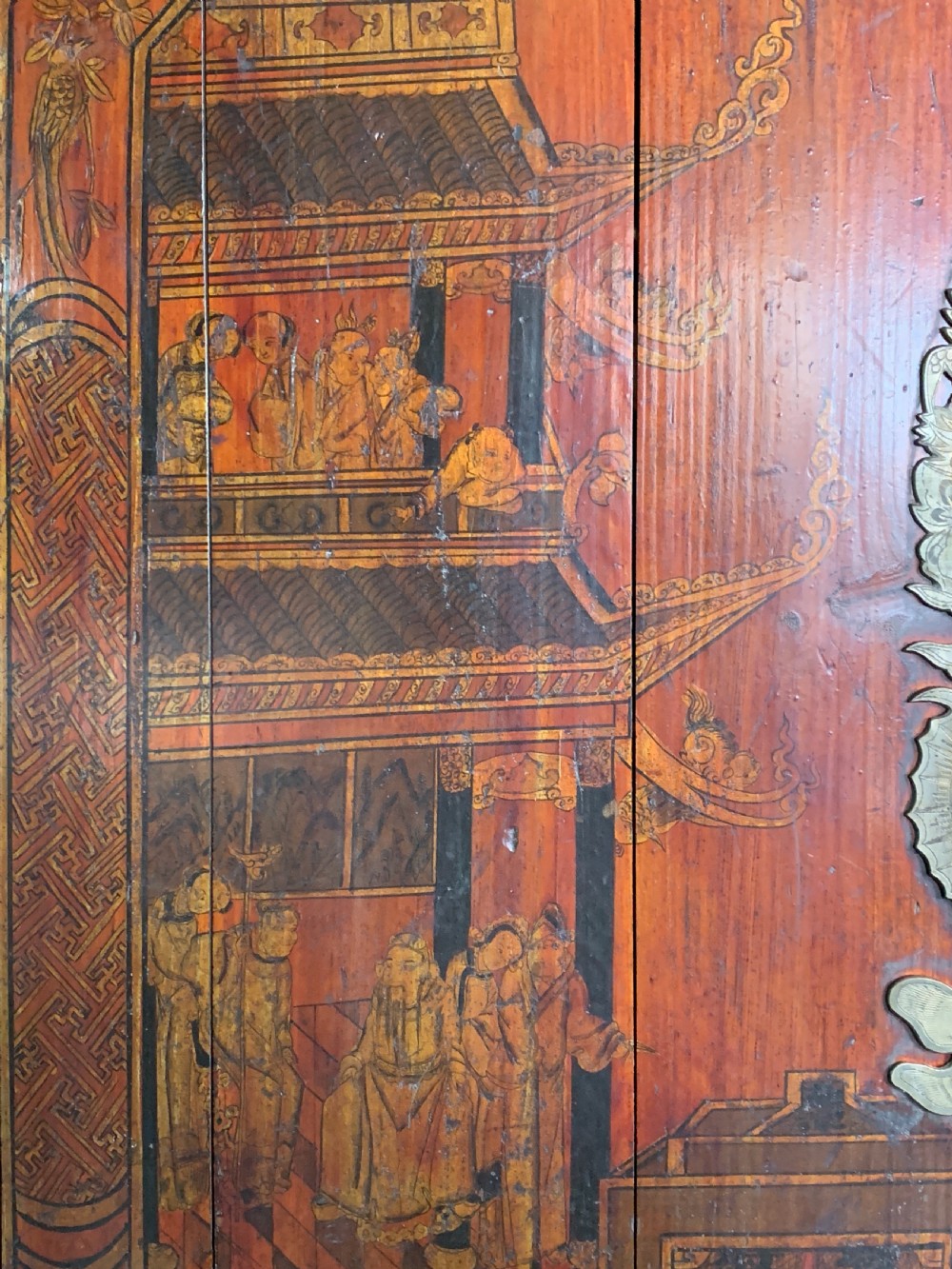 Antique Chinese lacquered and painted marriage wedding cabinet View VI