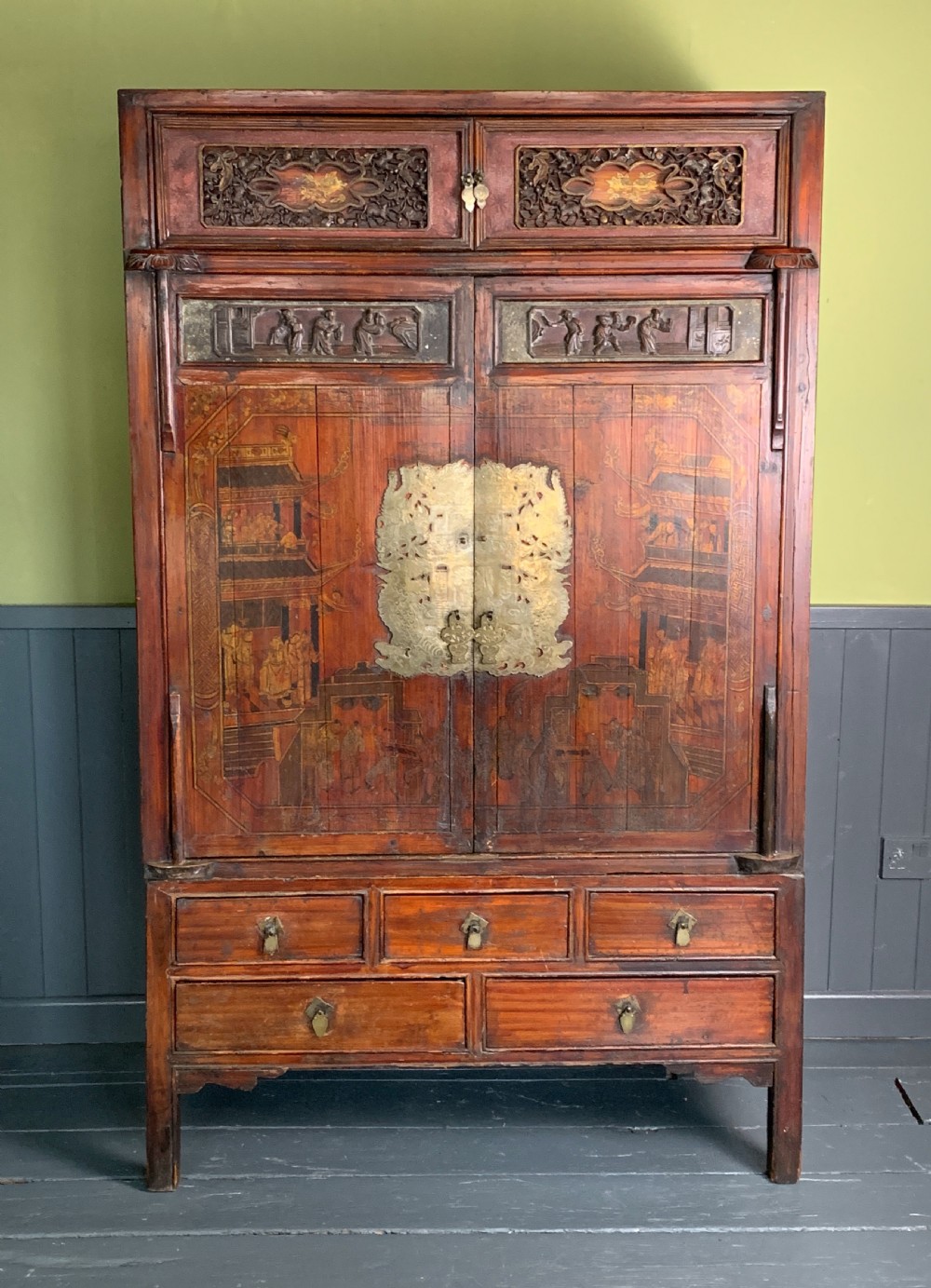 Antique Chinese lacquered and painted marriage wedding cabinet View VII