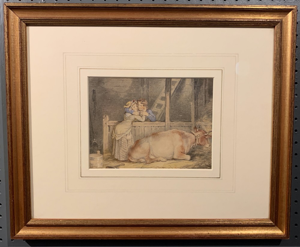 Mid 19th century watercolour of a lovers in a byre