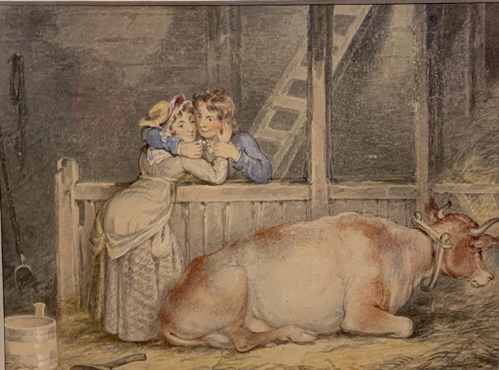 Mid 19th century watercolour of a lovers in a byre View II